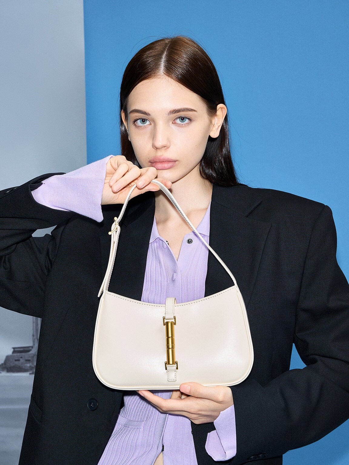 CHARLES & KEITH Top Pick | Cesia Metallic-Accent Shoulder Bag - Cream