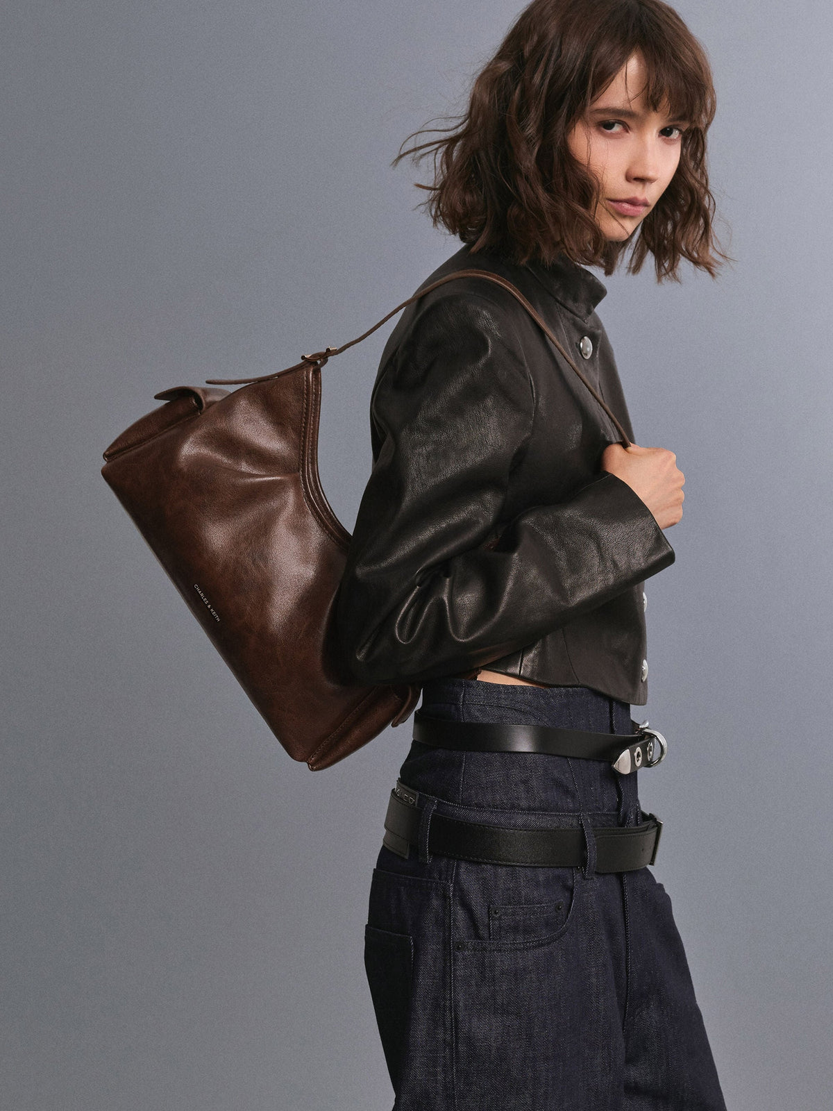 CHARLES & KEITH Featured | Khai Side-Pocket Shoulder Bag - Distressed Coffee