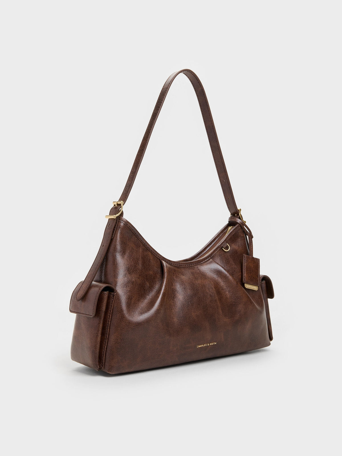 CHARLES & KEITH Featured | Khai Side-Pocket Shoulder Bag - Distressed Coffee