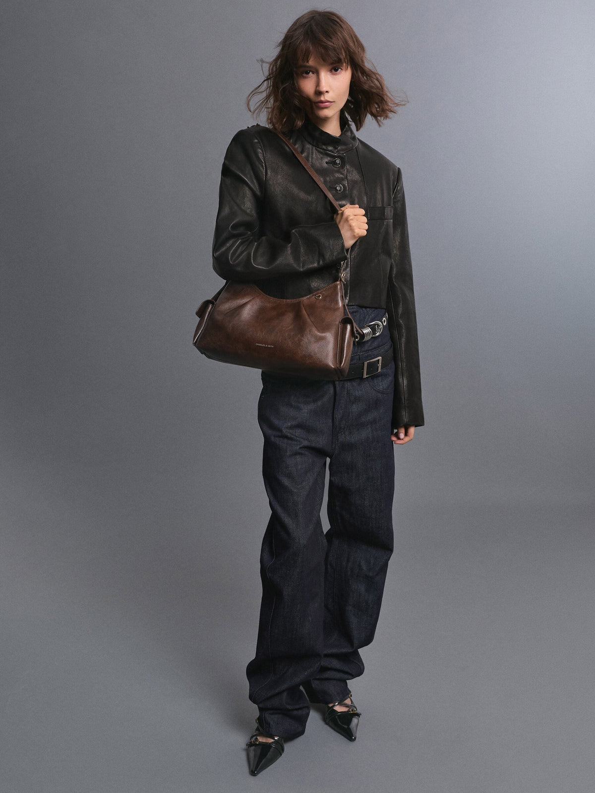 CHARLES & KEITH Featured | Khai Side-Pocket Shoulder Bag - Distressed Coffee