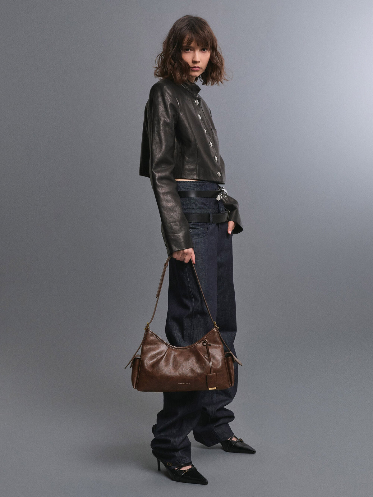 CHARLES & KEITH Featured | Khai Side-Pocket Shoulder Bag - Distressed Coffee