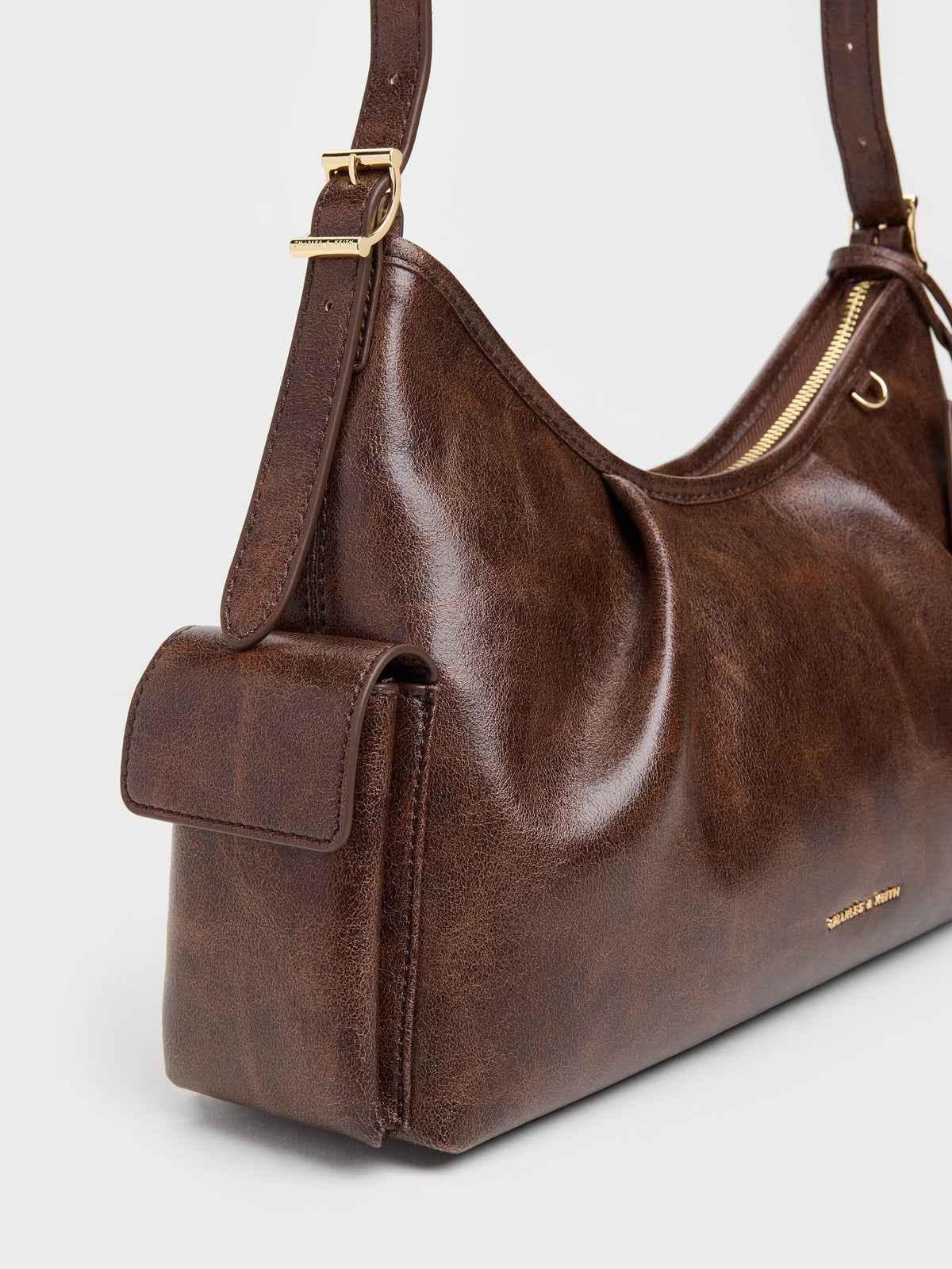 CHARLES & KEITH Featured | Khai Side-Pocket Shoulder Bag - Distressed Coffee