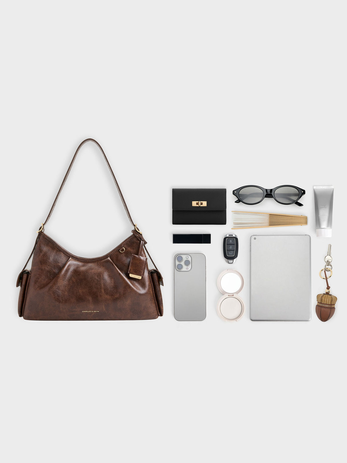 CHARLES & KEITH Featured | Khai Side-Pocket Shoulder Bag - Distressed Coffee