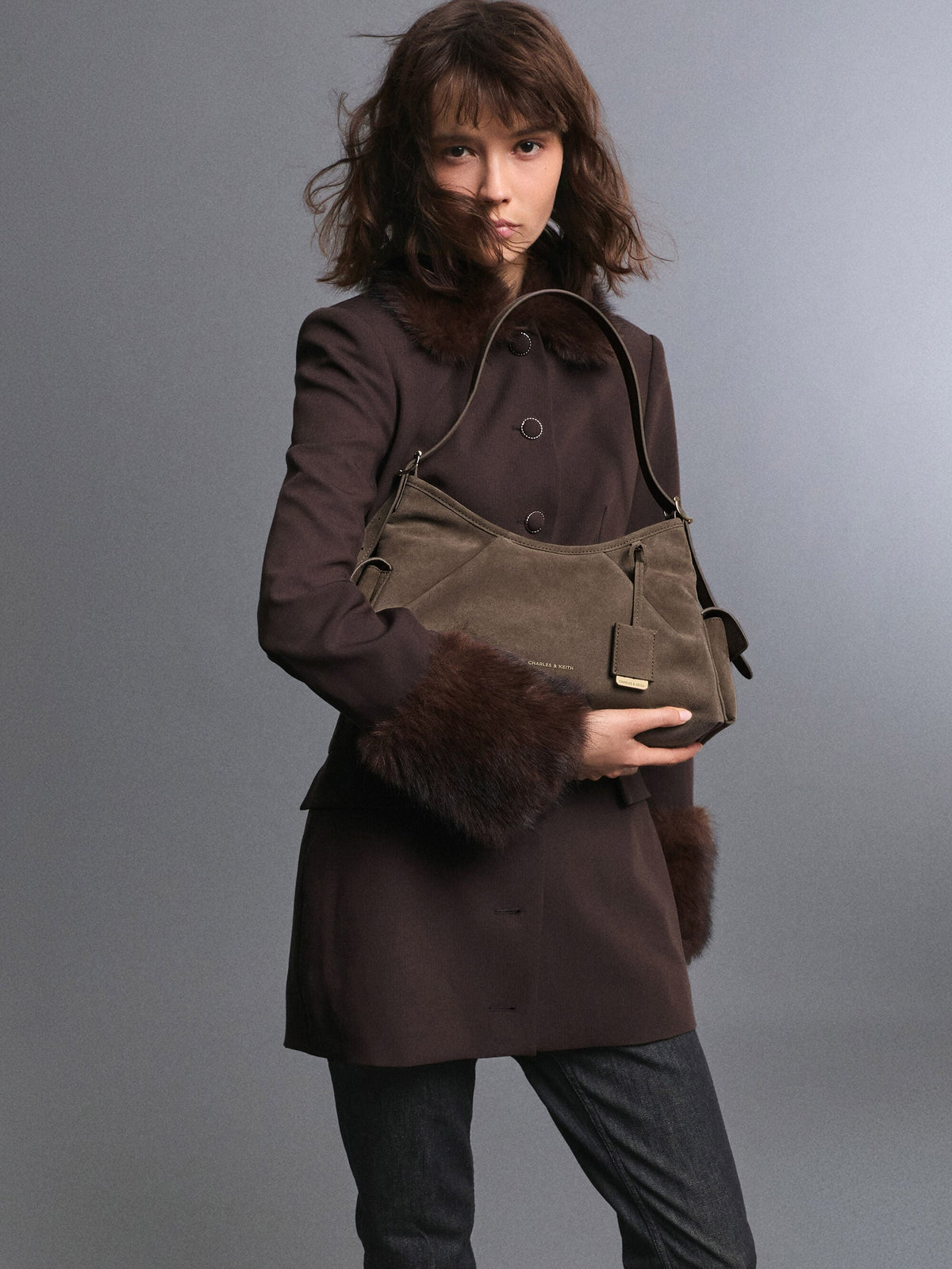 CHARLES & KEITH Exclusive | Khai Side-Pocket Shoulder Bag - Stone Grey