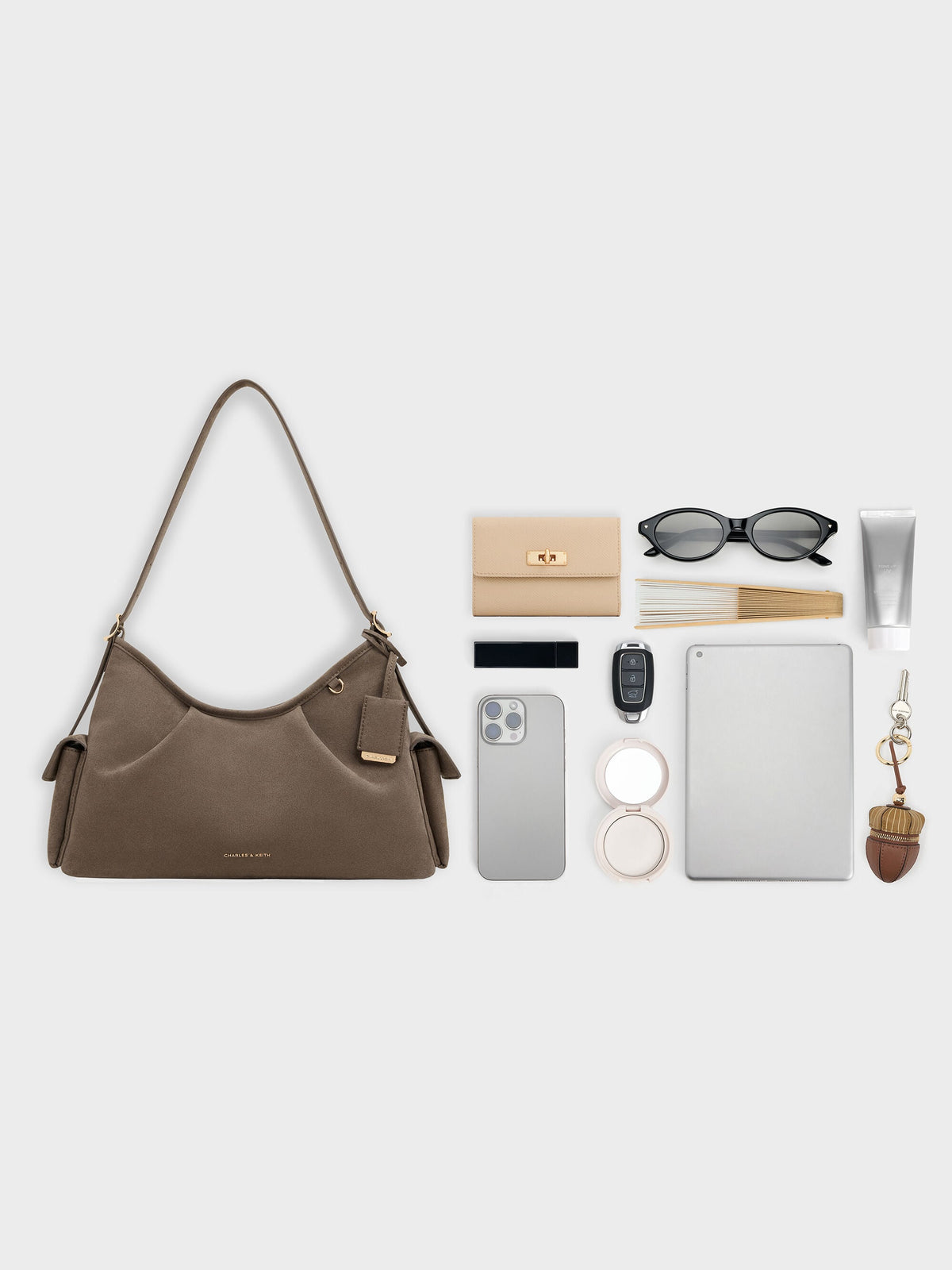 CHARLES & KEITH Exclusive | Khai Side-Pocket Shoulder Bag - Stone Grey