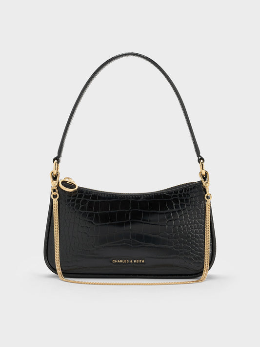 CHARLES & KEITH Signature | Elspeth Croc-Effect Chain-Link Shoulder Bag - Black Croco
