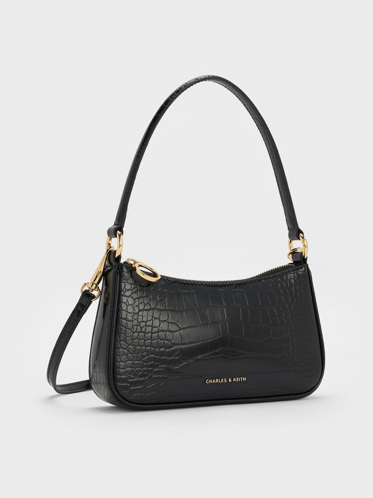 CHARLES & KEITH Signature | Elspeth Croc-Effect Chain-Link Shoulder Bag - Black Croco