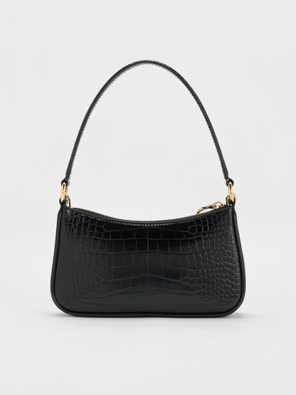 CHARLES & KEITH Signature | Elspeth Croc-Effect Chain-Link Shoulder Bag - Black Croco