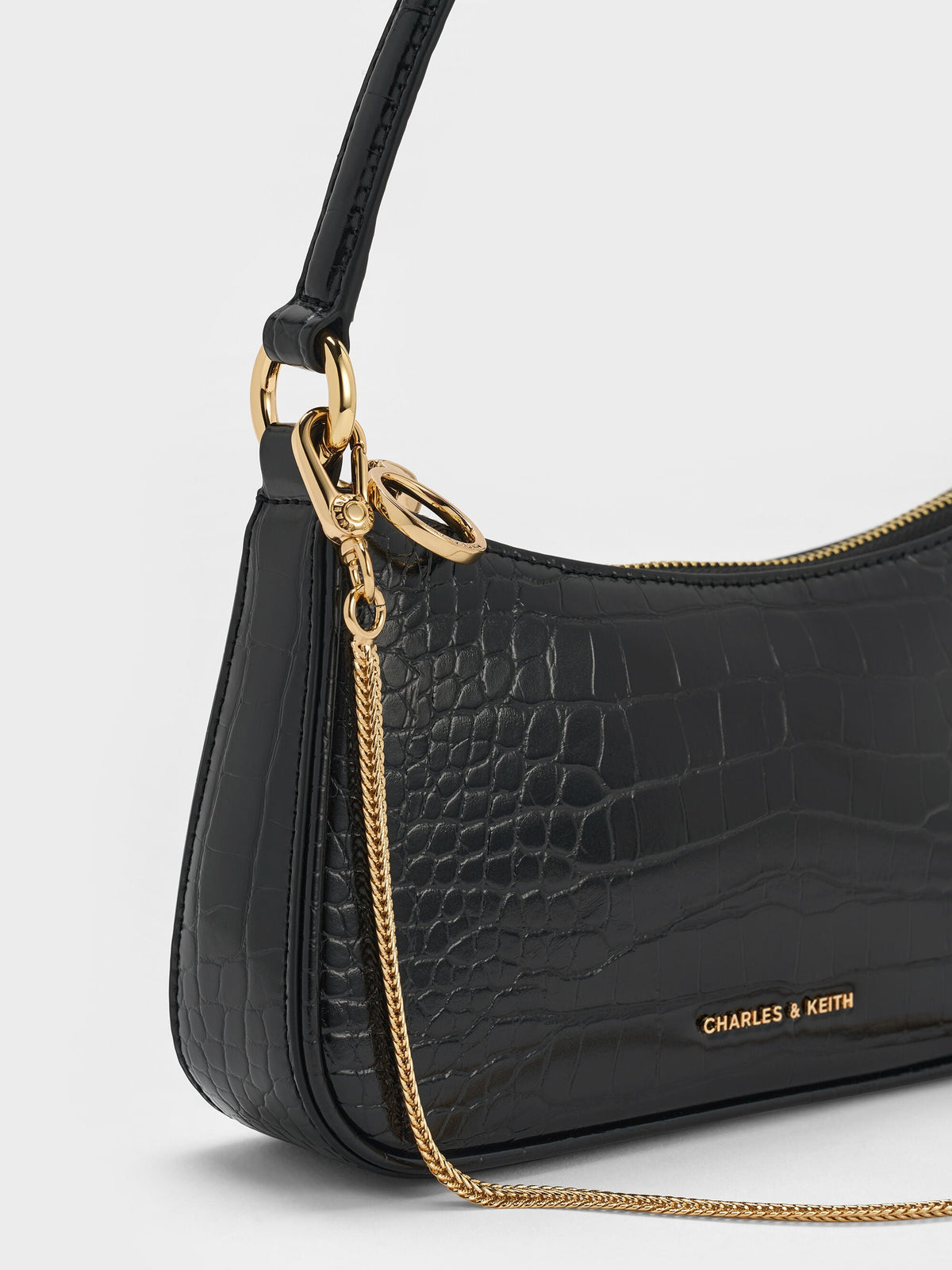 CHARLES & KEITH Signature | Elspeth Croc-Effect Chain-Link Shoulder Bag - Black Croco