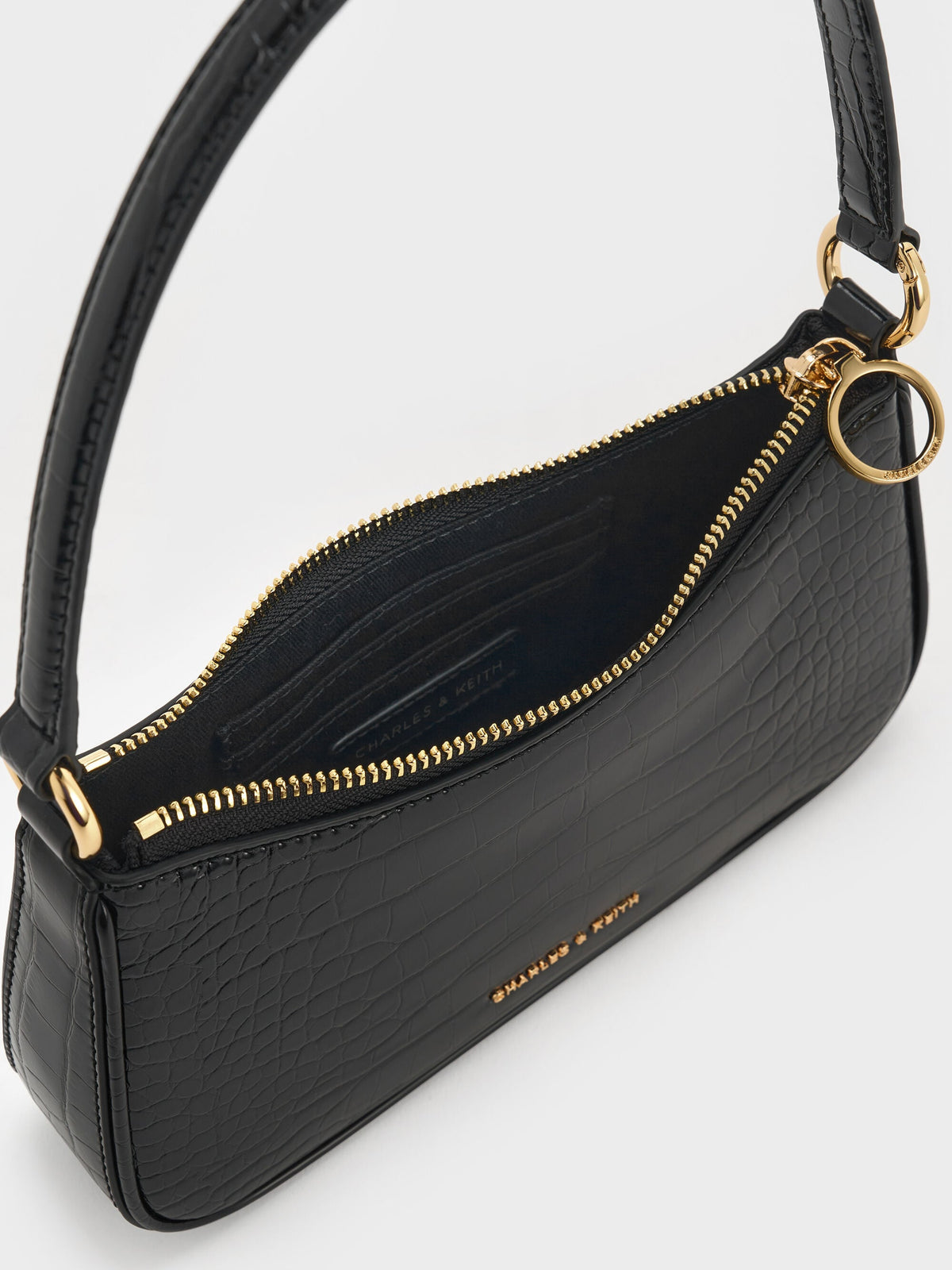 CHARLES & KEITH Signature | Elspeth Croc-Effect Chain-Link Shoulder Bag - Black Croco