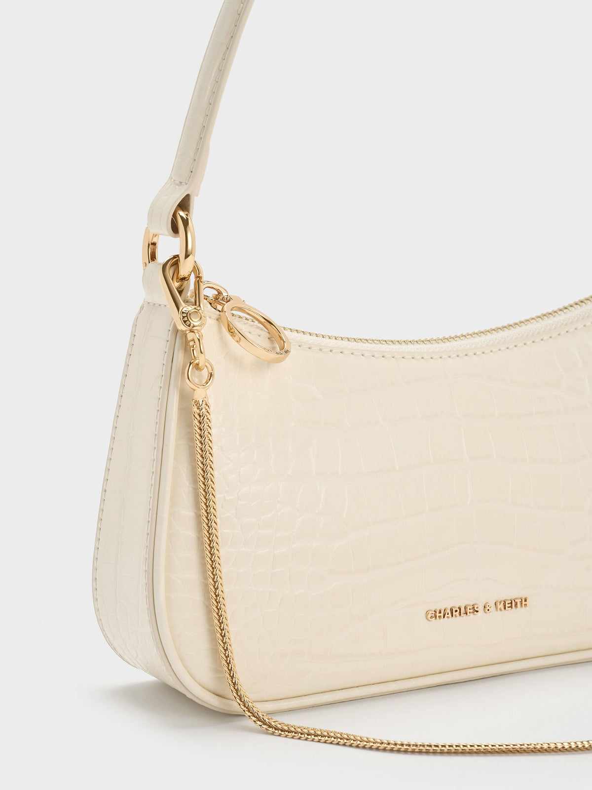 CHARLES & KEITH Premium | Elspeth Croc-Effect Chain-Link Shoulder Bag - Cream Croco