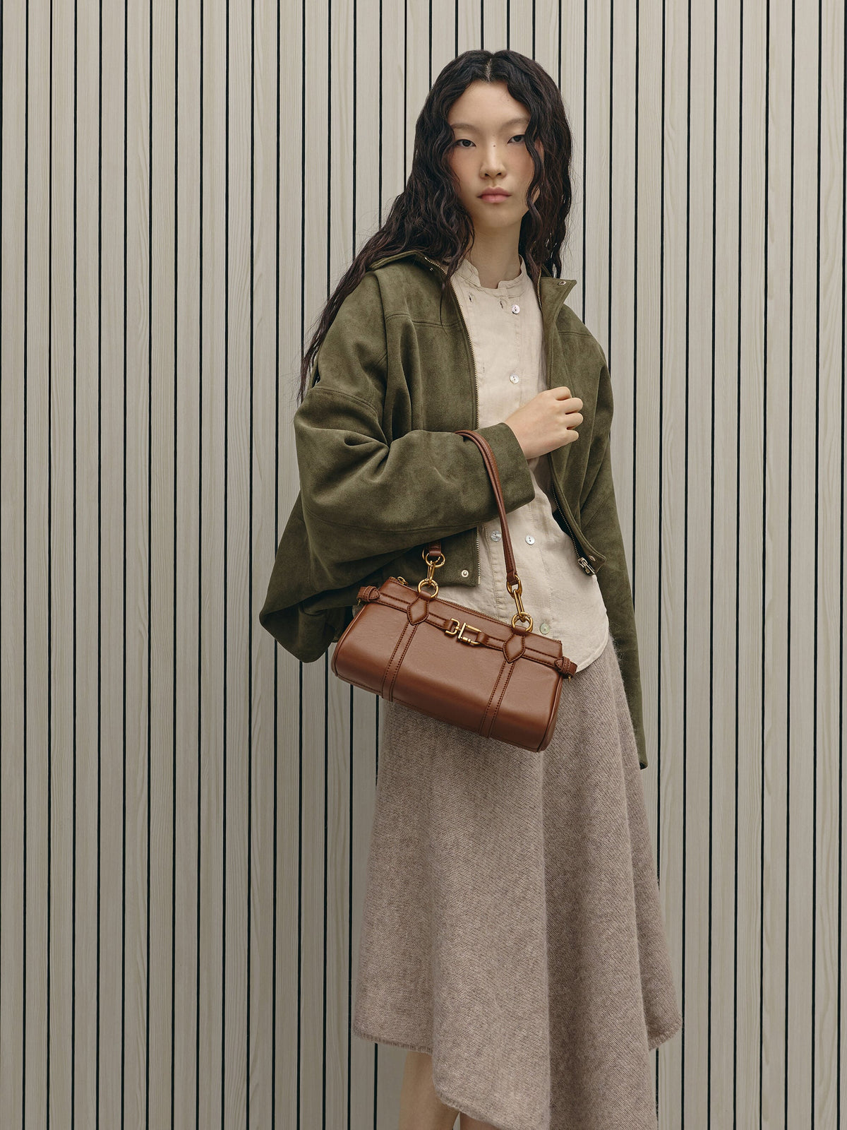 CHARLES & KEITH Latest | Gwynne Metallic-Accent Elongated Shoulder Bag - Chocolate