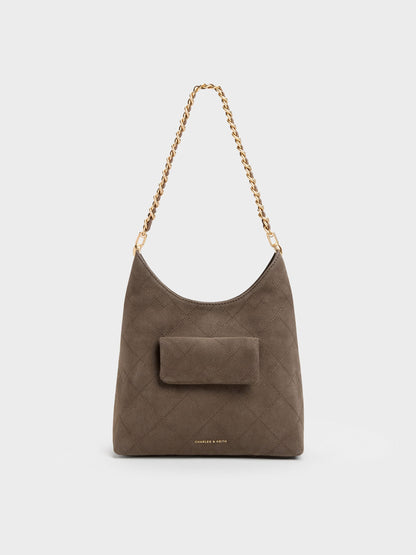 CHARLES & KEITH Everyday | Duo Quilted Front-Pocket Chain Hobo Bag - Stone Grey