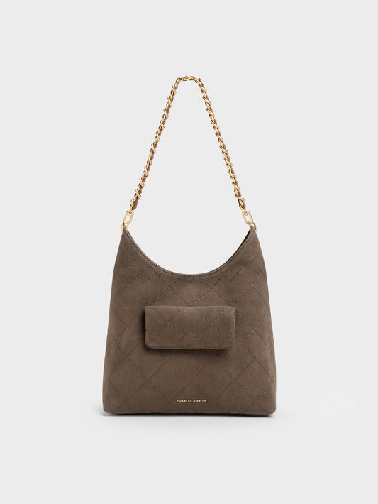 CHARLES & KEITH Everyday | Duo Quilted Front-Pocket Chain Hobo Bag - Stone Grey