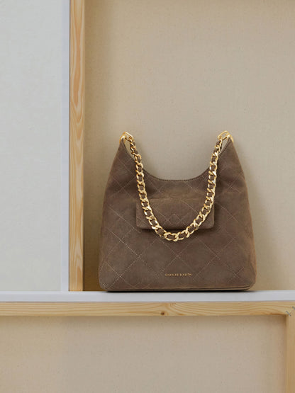 CHARLES & KEITH Everyday | Duo Quilted Front-Pocket Chain Hobo Bag - Stone Grey