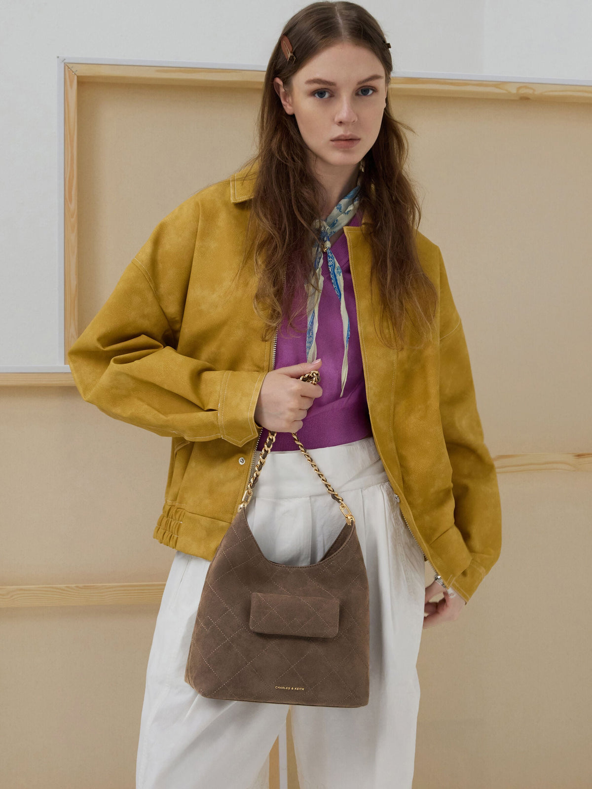 CHARLES & KEITH Everyday | Duo Quilted Front-Pocket Chain Hobo Bag - Stone Grey