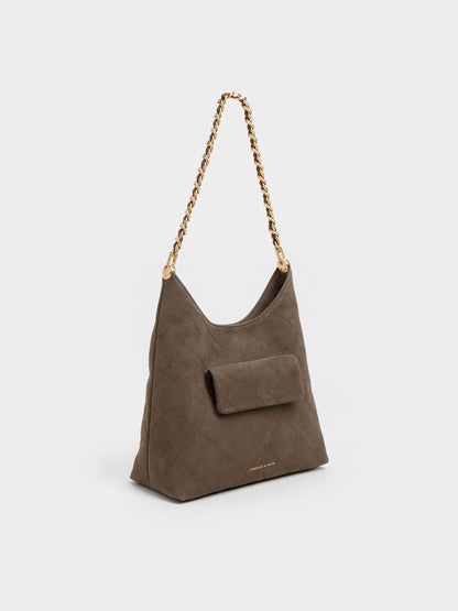 CHARLES & KEITH Everyday | Duo Quilted Front-Pocket Chain Hobo Bag - Stone Grey