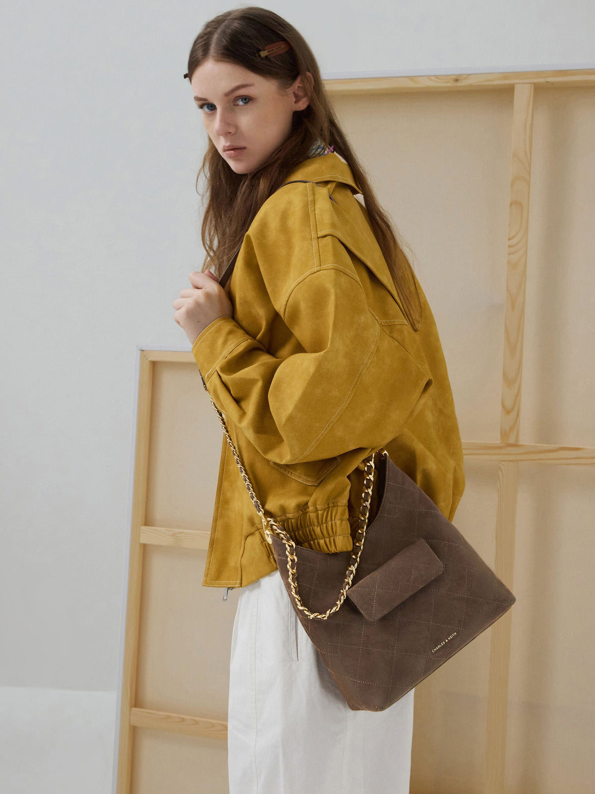 CHARLES & KEITH Everyday | Duo Quilted Front-Pocket Chain Hobo Bag - Stone Grey