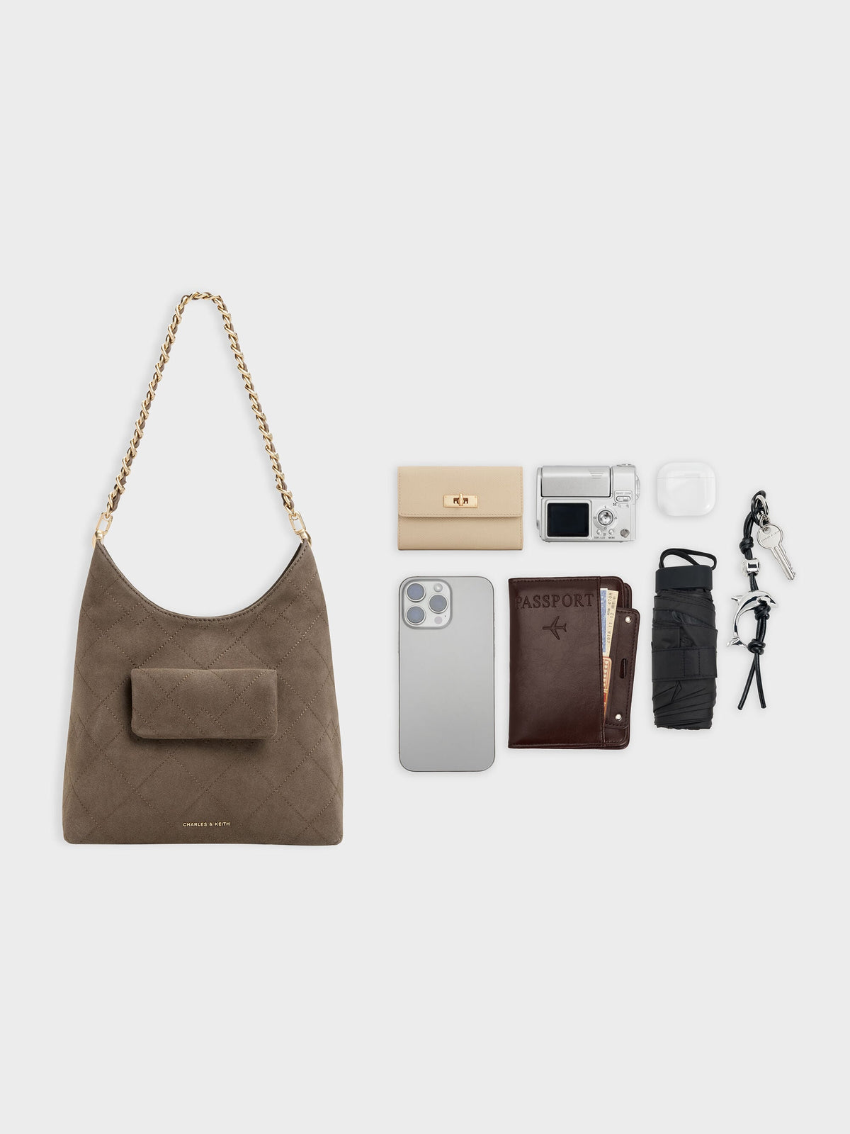 CHARLES & KEITH Everyday | Duo Quilted Front-Pocket Chain Hobo Bag - Stone Grey