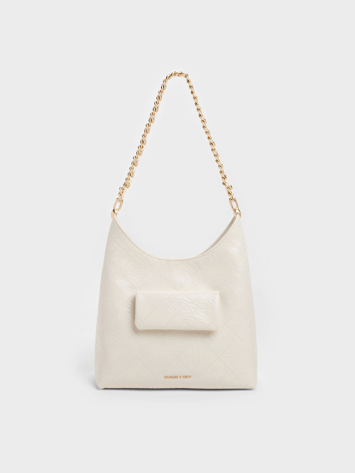 CHARLES & KEITH Signature | Duo Quilted Front-Pocket Chain Hobo Bag - Cream