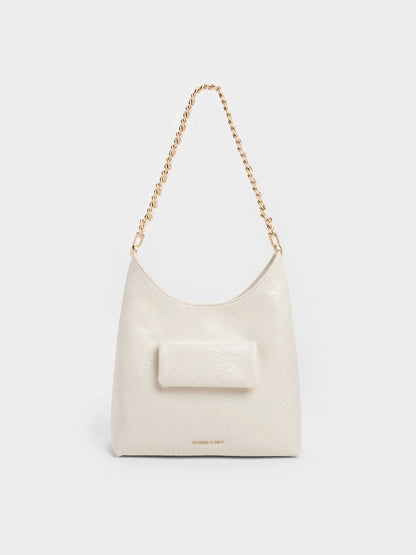 CHARLES & KEITH Signature | Duo Quilted Front-Pocket Chain Hobo Bag - Cream