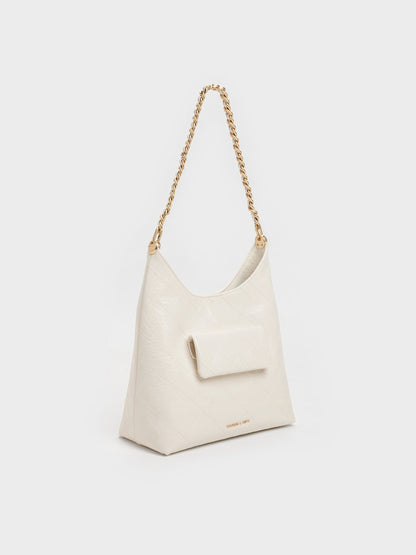 CHARLES & KEITH Signature | Duo Quilted Front-Pocket Chain Hobo Bag - Cream