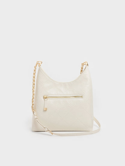 CHARLES & KEITH Signature | Duo Quilted Front-Pocket Chain Hobo Bag - Cream