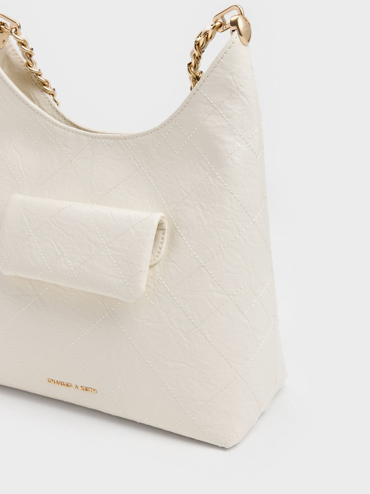 CHARLES & KEITH Signature | Duo Quilted Front-Pocket Chain Hobo Bag - Cream