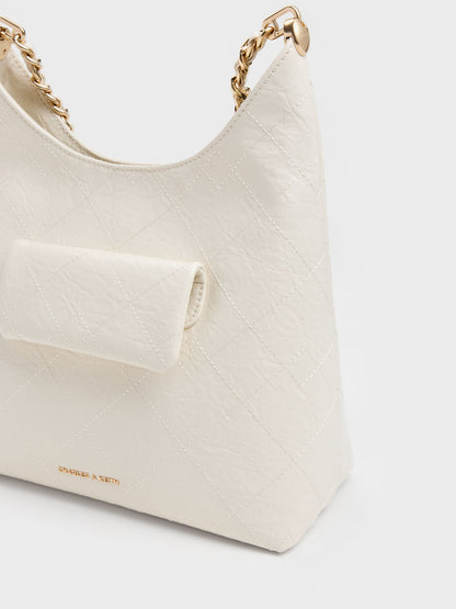 CHARLES & KEITH Signature | Duo Quilted Front-Pocket Chain Hobo Bag - Cream