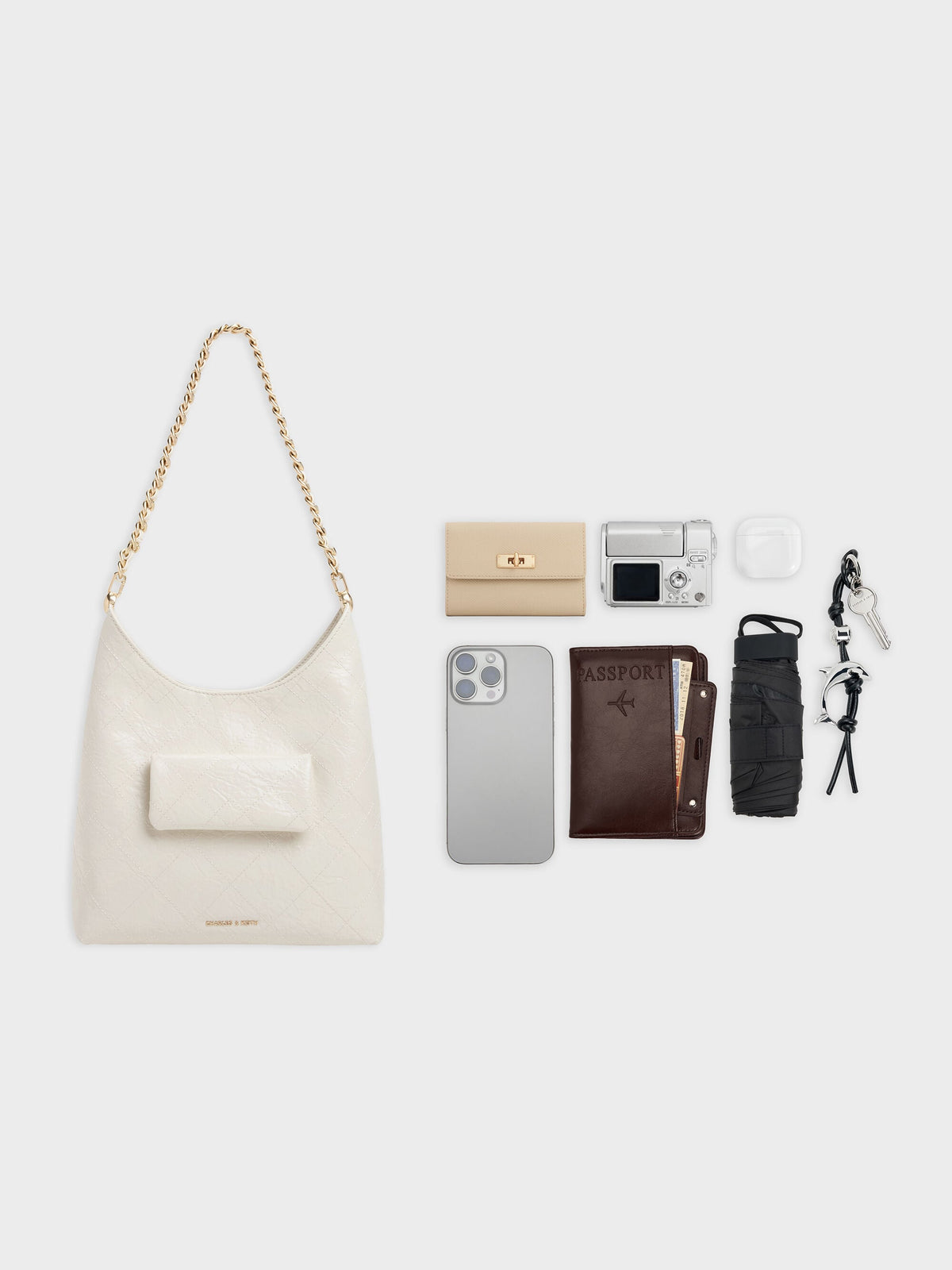 CHARLES & KEITH Signature | Duo Quilted Front-Pocket Chain Hobo Bag - Cream
