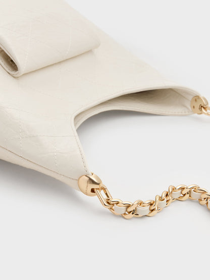 CHARLES & KEITH Signature | Duo Quilted Front-Pocket Chain Hobo Bag - Cream