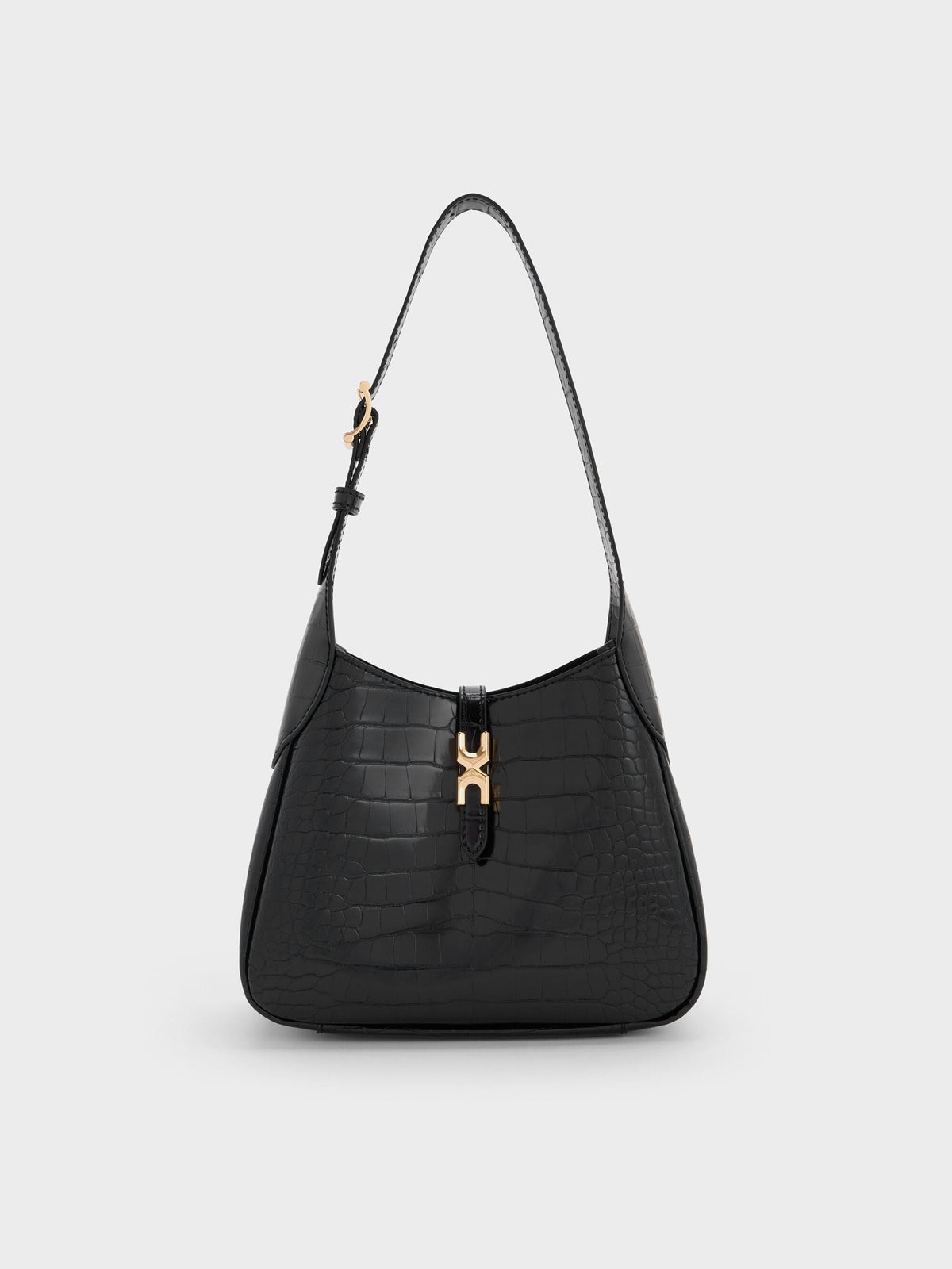 CHARLES & KEITH Great Value | Mini Adalyn Croc-Effect Hobo Bag - Black Croco