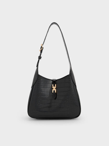 CHARLES & KEITH Great Value | Mini Adalyn Croc-Effect Hobo Bag - Black Croco