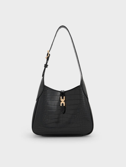 CHARLES & KEITH Great Value | Mini Adalyn Croc-Effect Hobo Bag - Black Croco