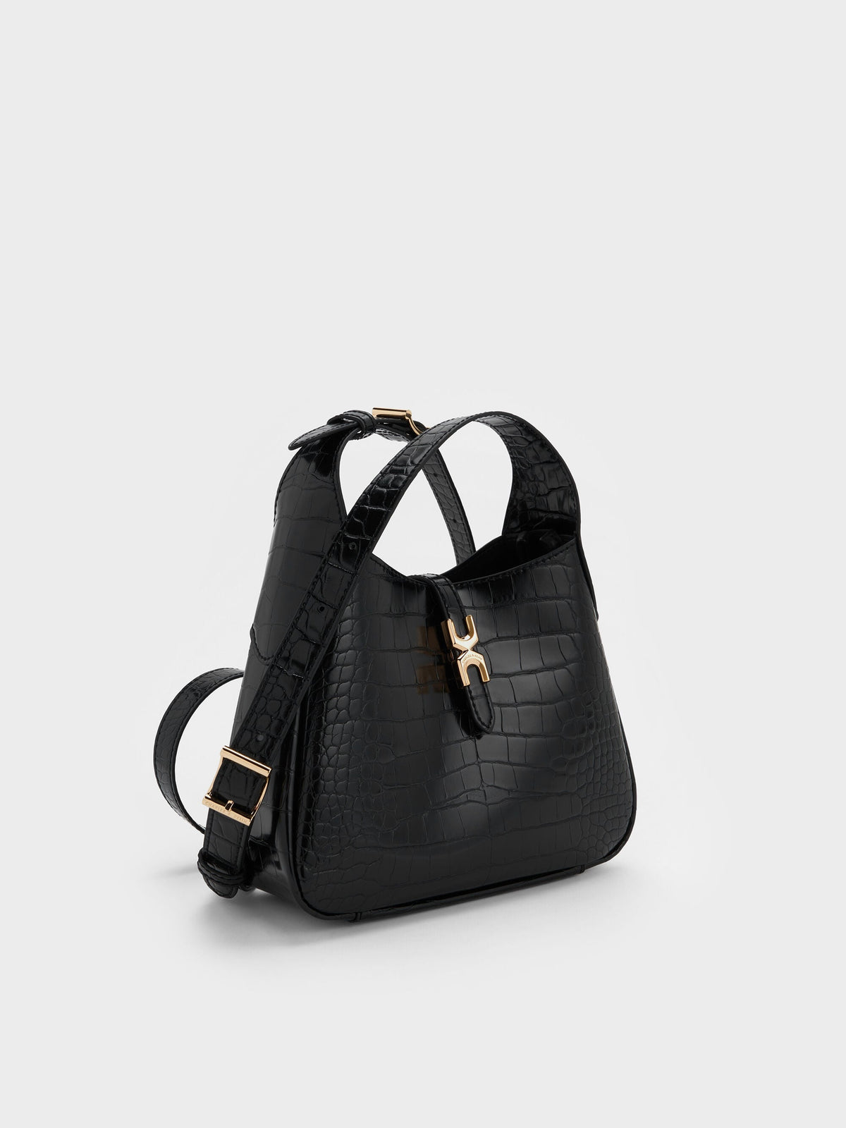 CHARLES & KEITH Great Value | Mini Adalyn Croc-Effect Hobo Bag - Black Croco