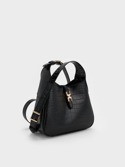 CHARLES & KEITH Great Value | Mini Adalyn Croc-Effect Hobo Bag - Black Croco