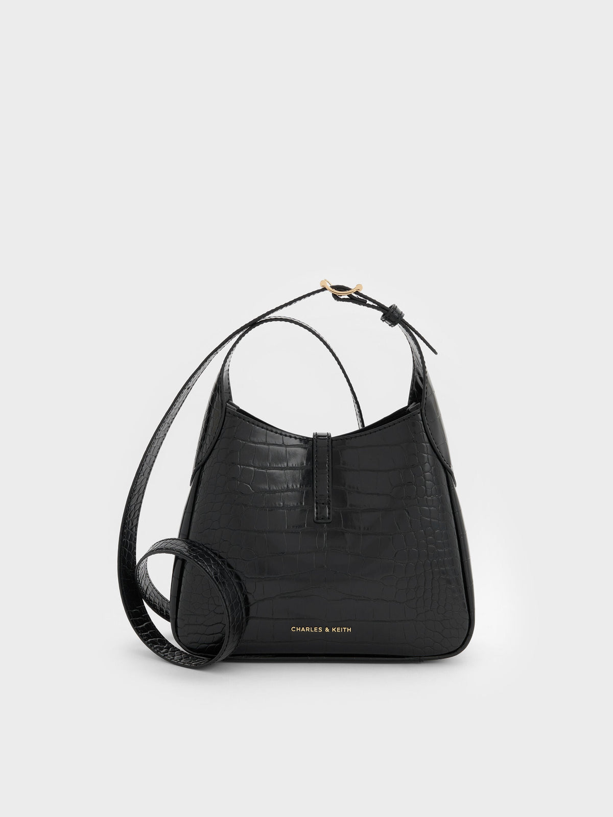 CHARLES & KEITH Great Value | Mini Adalyn Croc-Effect Hobo Bag - Black Croco