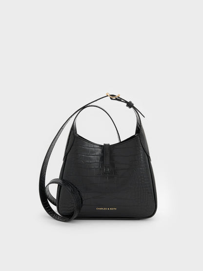CHARLES & KEITH Great Value | Mini Adalyn Croc-Effect Hobo Bag - Black Croco