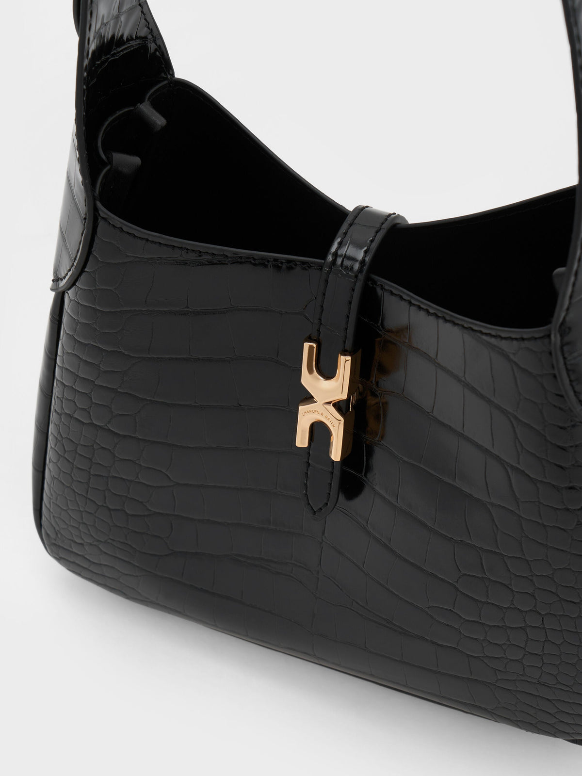CHARLES & KEITH Great Value | Mini Adalyn Croc-Effect Hobo Bag - Black Croco