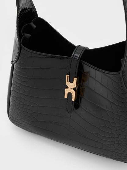 CHARLES & KEITH Great Value | Mini Adalyn Croc-Effect Hobo Bag - Black Croco
