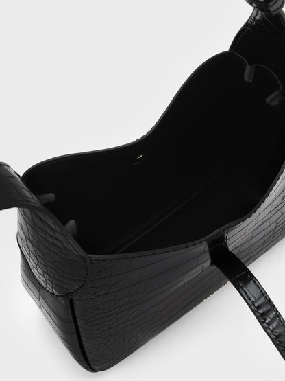 CHARLES & KEITH Great Value | Mini Adalyn Croc-Effect Hobo Bag - Black Croco