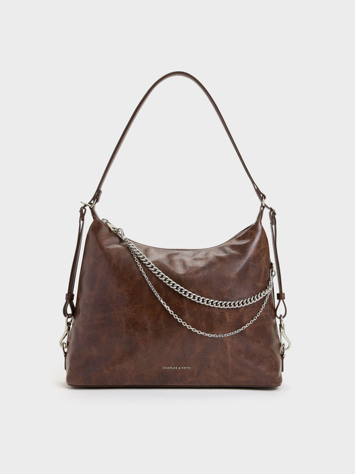 CHARLES & KEITH Everyday | Atwood Chain Convertible Hobo Bag - Distressed Coffee