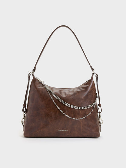 CHARLES & KEITH Everyday | Atwood Chain Convertible Hobo Bag - Distressed Coffee
