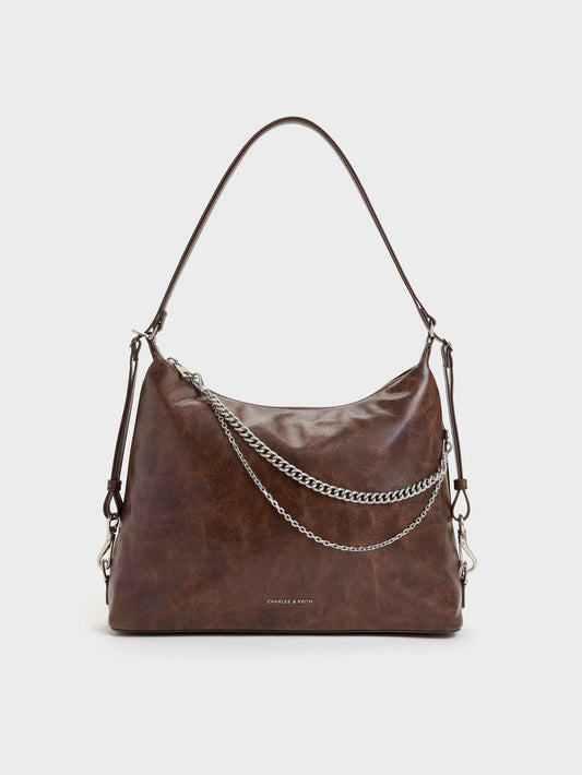 CHARLES & KEITH Everyday | Atwood Chain Convertible Hobo Bag - Distressed Coffee