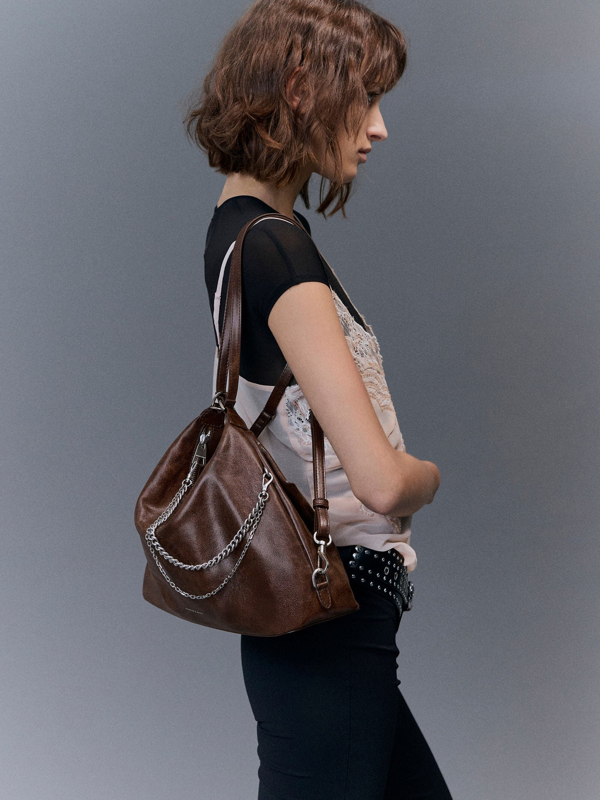 CHARLES & KEITH Everyday | Atwood Chain Convertible Hobo Bag - Distressed Coffee