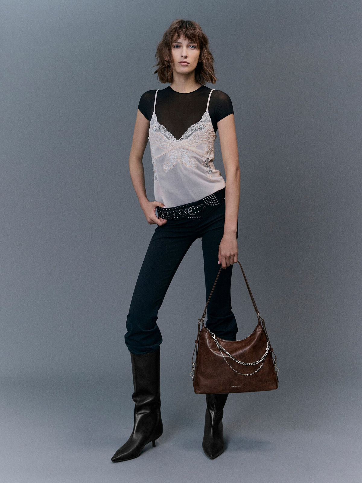 CHARLES & KEITH Everyday | Atwood Chain Convertible Hobo Bag - Distressed Coffee