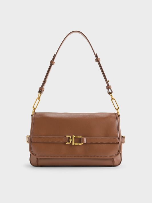 CHARLES & KEITH Latest | Gwynne Metallic-Buckle Belted Shoulder Bag - Chocolate