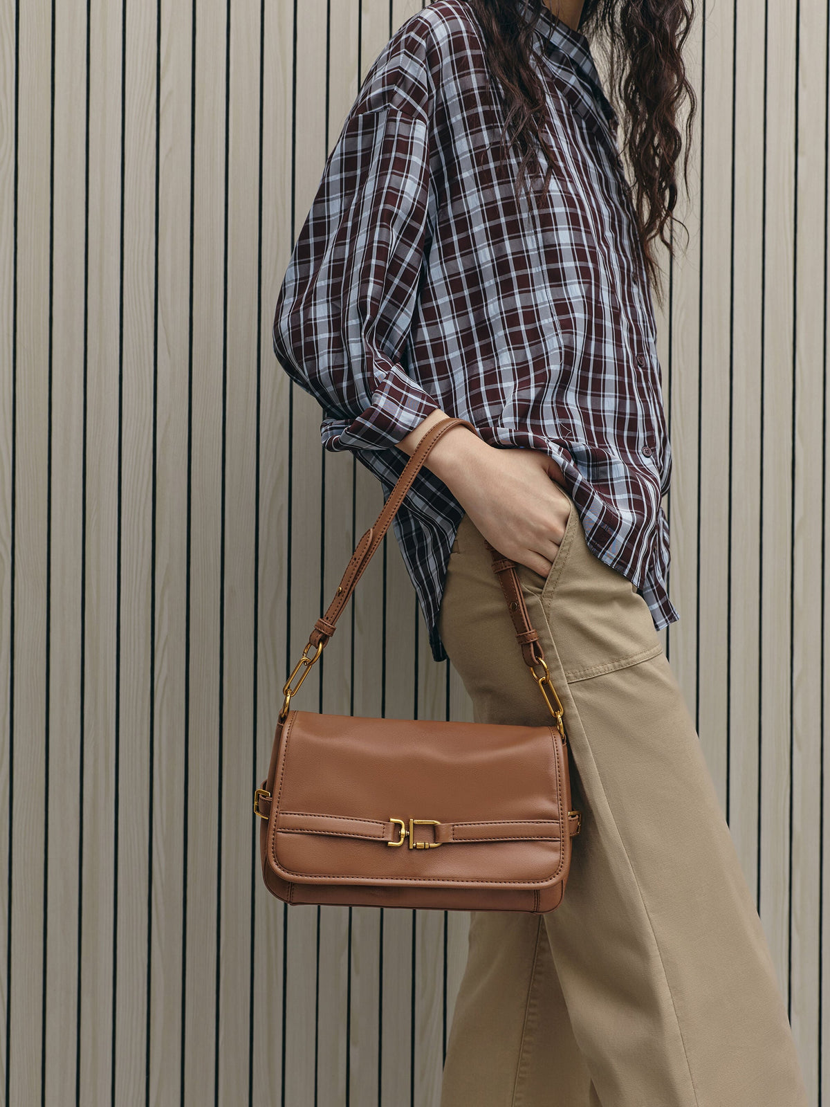 CHARLES & KEITH Latest | Gwynne Metallic-Buckle Belted Shoulder Bag - Chocolate