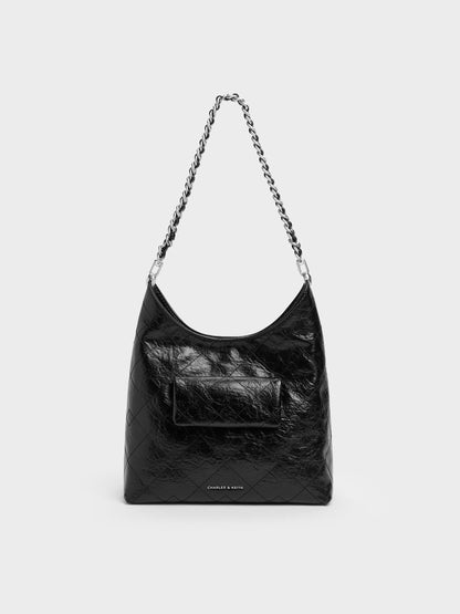 CHARLES & KEITH Trusted | Duo Quilted Front-Pocket Chain Hobo Bag - Noir