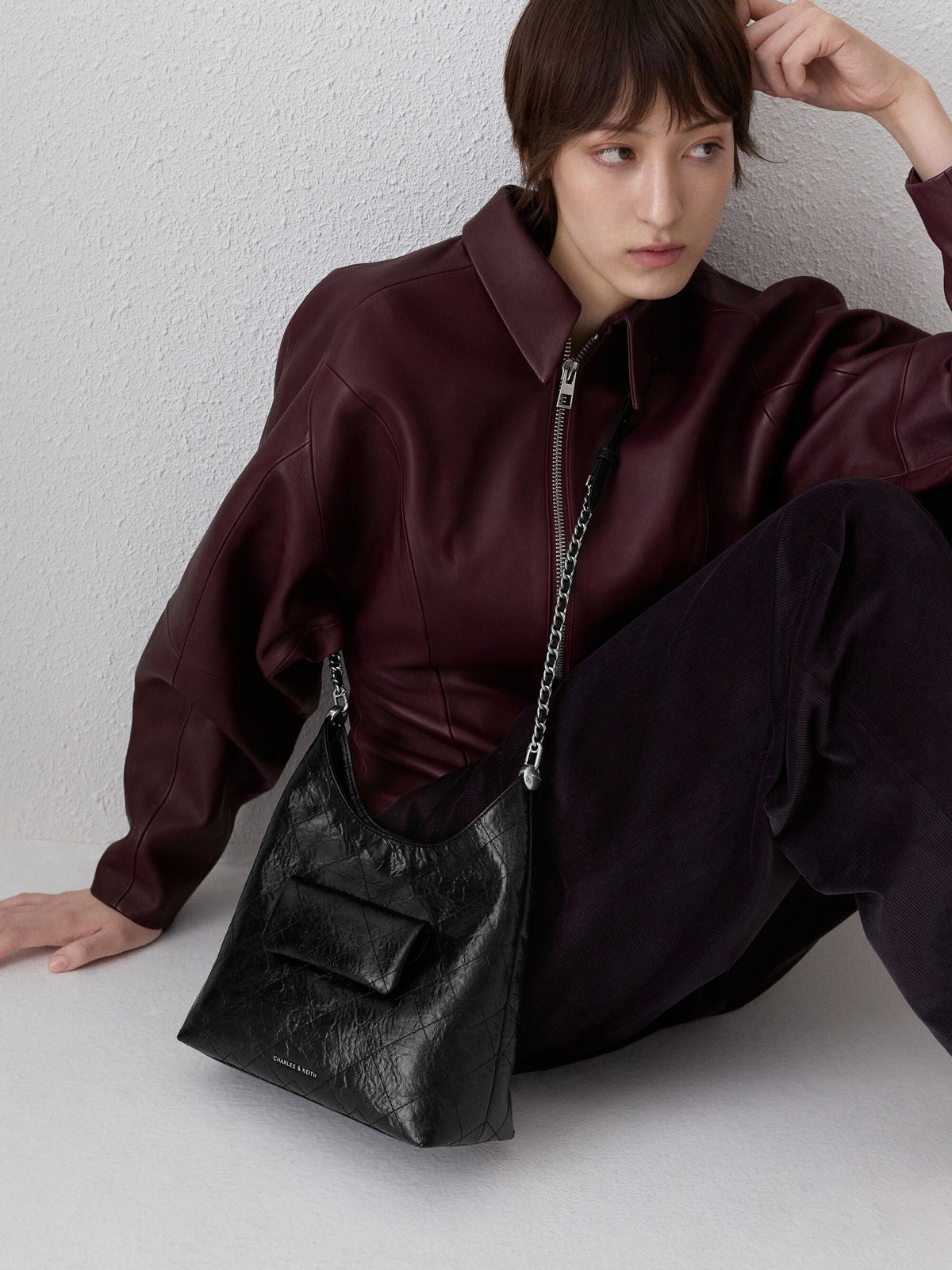 CHARLES & KEITH Trusted | Duo Quilted Front-Pocket Chain Hobo Bag - Noir